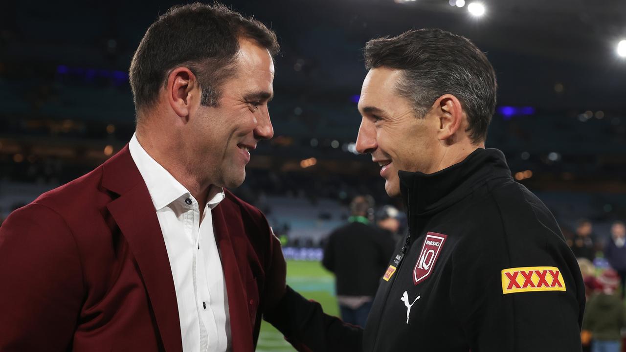 SYDNEY, AUSTRALIA - JUNE 08: Cameron Smith (L) and Maroons head coach Billy Slater (R) celebrate victory after game one of the 2022 State of Origin series between the New South Wales Blues and the Queensland Maroons at Accor Stadium on June 08, 2022, in Sydney, Australia. (Photo by Mark Kolbe/Getty Images)