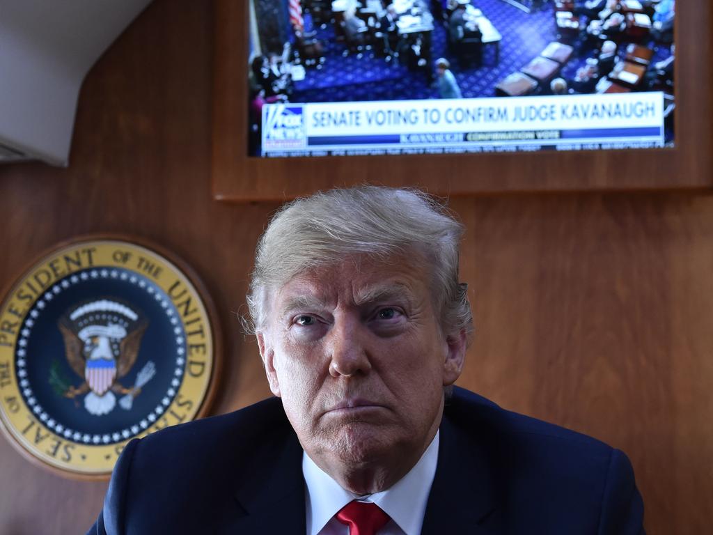 US President Donald Trump, on board Air Force One, speaks about Brett Kavanaugh while en route to Topeka, Kansas. Picture: AFP