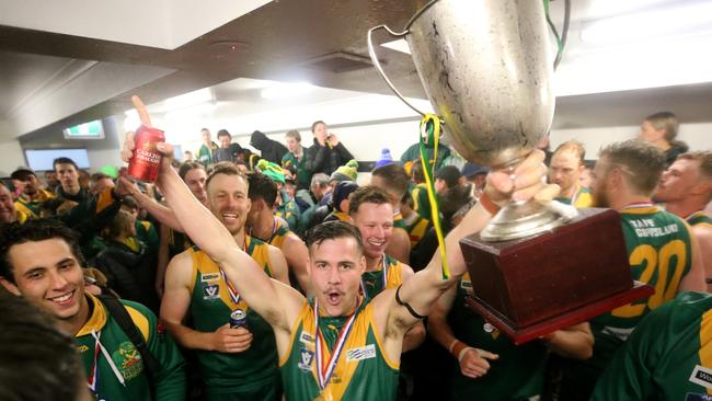 Leongatha Parrots celebrate their Gippsland league premiership win over Sale. Picture Yuri Kouzmin