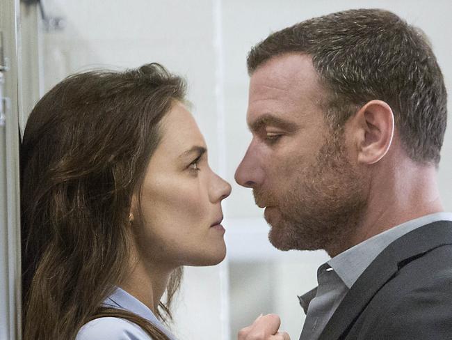 EMBARGOED to July 12, 2015, Sunday TV Guides first use. Liev Schreiber and Katie Holmes in a scene from Ray Donovan. Supplied by Foxtel