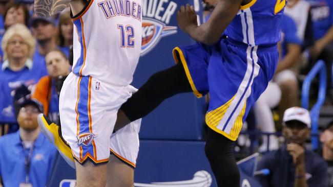 Golden State's Draymond Green kicked Steven Adams in the groin.