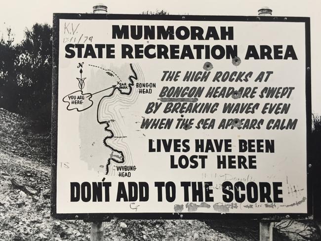 Undated cpicture of one of the early warning signs at Snapper Point: notice the bullet holes in the sign. Picture: Glenn Gifford