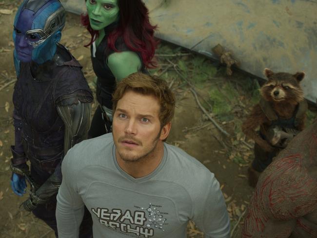 Guardians Of The Galaxy Vol. 2..L to R: Nebula (Karen Gillan), Gamora (Zoe Saldana), Star-Lord/Peter Quill (Chris Pratt), Groot (voiced by Vin Diesel), Rocket (voiced by Bradley Cooper) and Drax (Dave Bautista)..Ph: Film Frame..Â©Marvel Studios 2017