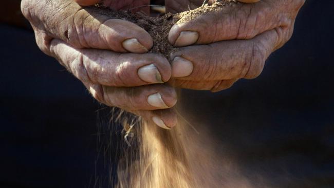 2/10/2002. Farmer Ross Heinrich weathered hands holds fertile but dry soil at Rainbow. Drought. Digital image.