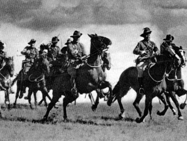 Australian soldiers of the 7th Light Horse led by Lieutenant-General Sir Harry Chauvel at Beersheba in 1917.