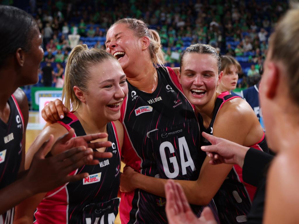 Eleanor Cardwell and her Adelaide Thunderbirds’ teammates celebrate their narrow victory over West Coast. Picture: James Worsfold