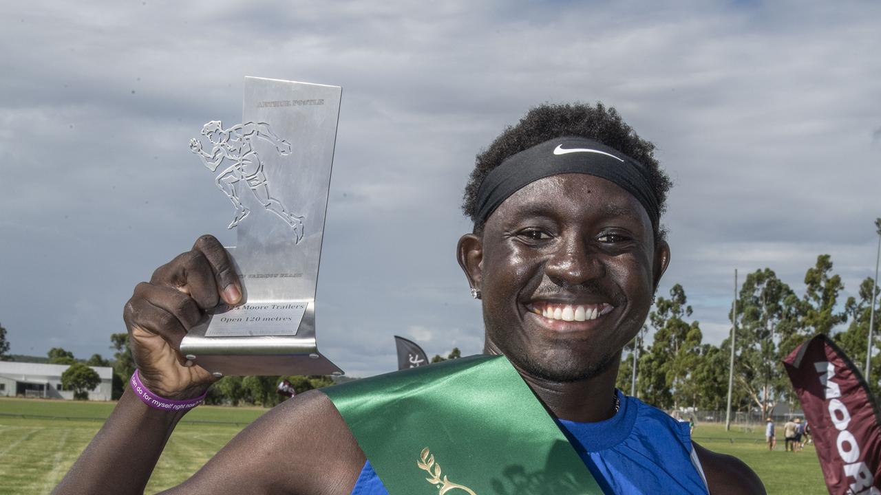 Anas Abu Ganaba winner of the Moore Trailers 120 metres open. The Arthur Postle Gift at Pittsworth. Saturday 18th January, 2025. Picture: Nev Madsen.