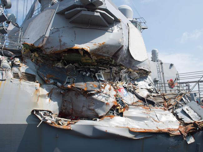 The crushed side of the USS Fitzgerald’s superstructure — including the remains of the captain’s cabin. Picture: USN