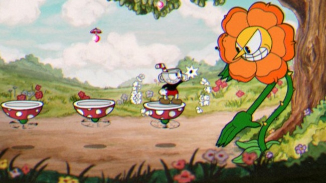 Cuphead’s hand-drawn visuals contrast with the run and gun gameplay.