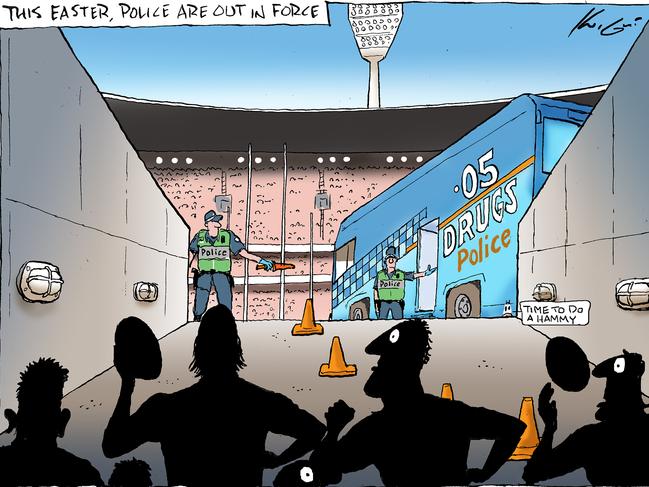 Cartoonist Mark Knight’s take on the AFL’s drugs policy.