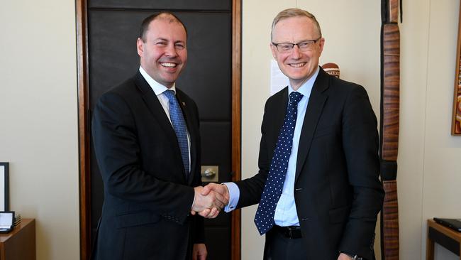 Treasurer Josh Frydenberg (left) meets with Reserve Bank Governor Philip Lowe, at the RBA offices in Sydney, Wednesday, August 29, 2018. (AAP Image/Dan Himbrechts) NO ARCHIVING