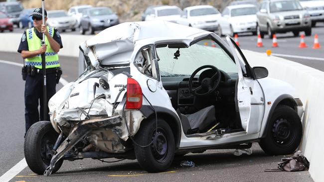 The wreckage after the crash on the Southern Expressway. Picture: Stephen Laffer