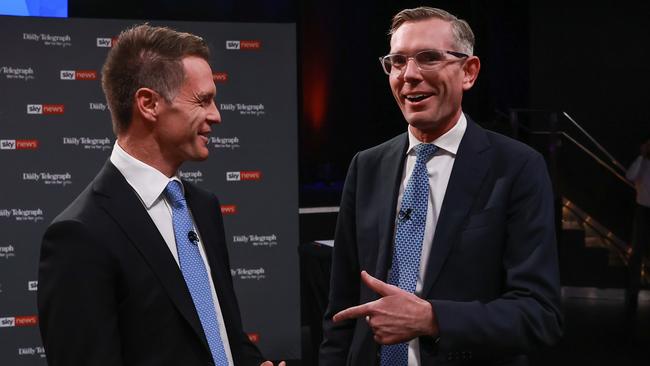 NSW Premier Dominic Perrottet, right, and Labor leader Chris Minns at the last debate in Penrith on Wednesday night. Picture: Justin Lloyd