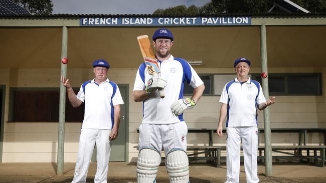 French Island Cricket Club captain Matthew Spark (centre), with teammates Russell Thompson and Peter Hatton, are proud of the club’s 120-year history. Picture: David Caird