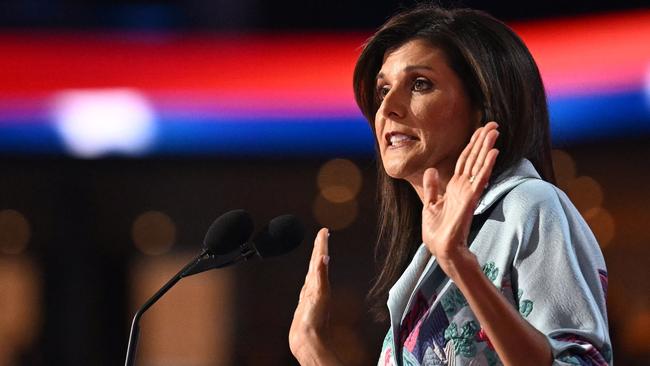 US former ambassador to the United Nations and South Carolina Governor Nikki Haley speaks during the second day of the 2024 Republican National Convention.