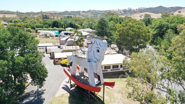 An aerial photo of the Big Rocking Horse in Gumeracha. Picture: Simon Cross