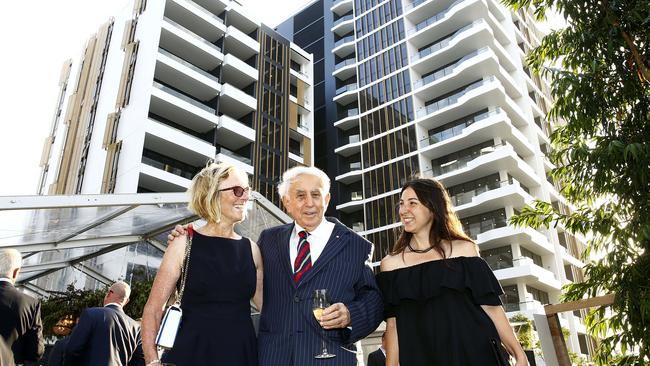 Meriton boss Harry Triguboff with his wife Rhonda Triguboff and granddaughter Ella Lizor at the opening of the Meriton development Pagewood Green in 2018. Picture: John Appleyard