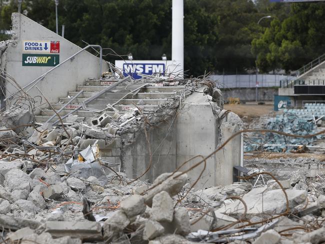 Staircase to nowhere ... The demolition at Pirtek Stadium in Parramatta Stadium. Picture: David Swift