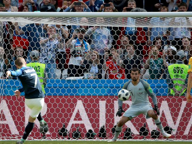 Mat Ryan (in goal) was outstanding, but had no answer to Antoine Griezmann’s inch-[erfect penalty goal. Picture: Toby Zerna