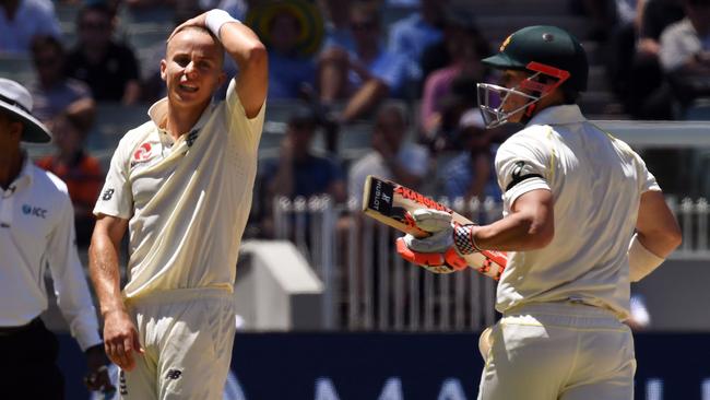 And the agony: Curran is deflated as Warner is recalled, following his no-ball. Picture: AFP