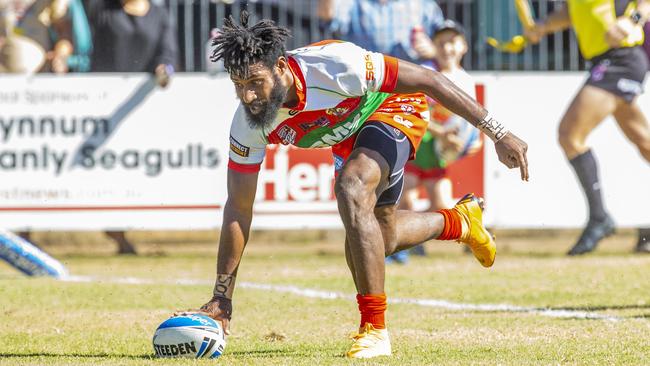 Edene Gebbie scores in the Intrust Super Cup rugby game between Wynnum Manly Seagulls and Burleigh Bears last year, before signing with Souths. Picture: AAP/Richard Walker