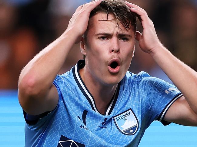 SYDNEY, AUSTRALIA - MARCH 30: Jake Girdwood-Reich of Sydney FC looks dejected after a missed chance during the A-League Men round 22 match between Sydney FC and Central Coast Mariners at Allianz Stadium, on March 30, 2024, in Sydney, Australia. (Photo by Mark Kolbe/Getty Images)