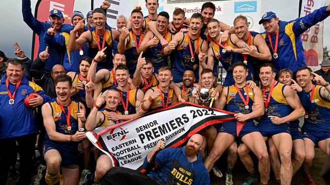 Noble Park celebrates its top division flag. Picture: Andy Brownbill