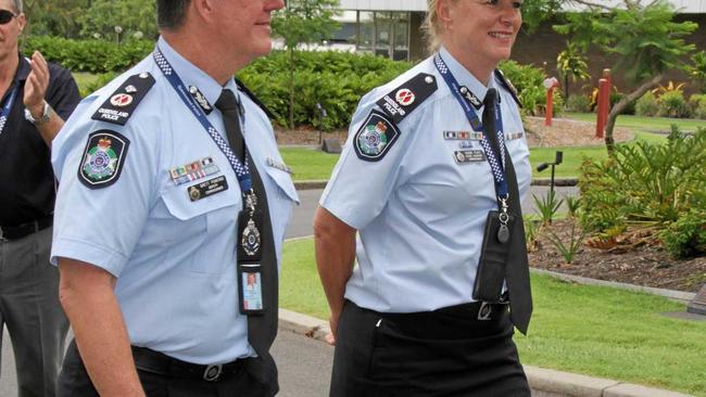 Former Sunshine Coast police officer Acting Assistant Commissioner Debbie Platz walks with Commissioner Brett Ponting on her last day with the Queensland Police Service. Picture: Contributed