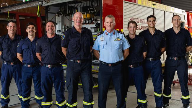 (L-R) Fire Fighter Sam Jenner, Reece Liddell, Jason Pawley, David Small, Acting Chief Fire Officer Stephen Sewell AFSM, Andrew Marsh, Kurtis Clarke and Leigh Arnold after NTFRS members returned from Vanuatu in January, 2025. Picture: Pema Tamang Pakhrin