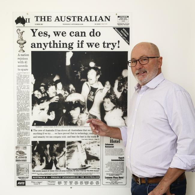 A large wall print of The Australian commemorating Australia's America's Cup win on September 26, 1983, which also happened to be Chris' 21st birthday. Picture: John Appleyard