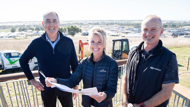 Newland Victorian general manager Mark Whinfield, left, Mayor Stephanie Asher and Warralily urban design manager Jeremy Minter at the site of a new park near the highest point of the Armstrong Creek growth corridor. Picture: Alan Barber