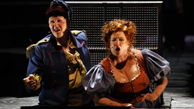 Lucas as Thénardier and Helen Walsh as Madame Thenardier on stage. Picture: Jonathan Ng