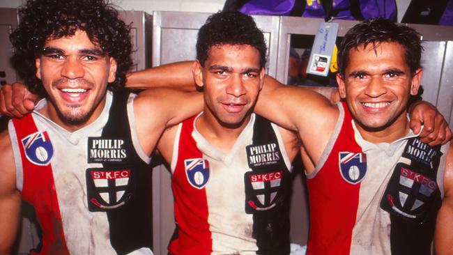 Dale Kickett, Gilbert McAdam and Nicky Winmar following a match in 1990. Picture: Getty