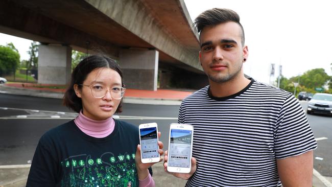 Celeste Dao and Andrew Aviet in front of the Polding St “death trap” roundabout in Fairfield West. Picture: AAP IMAGE/ Angelo Velardo