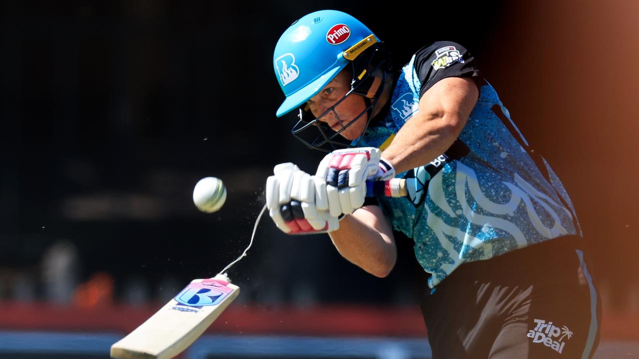 Grace Harris of the Brisbane Heat breaks her bat as she hits a six during a WBBL match. Picture: Mark Evans/Getty Images