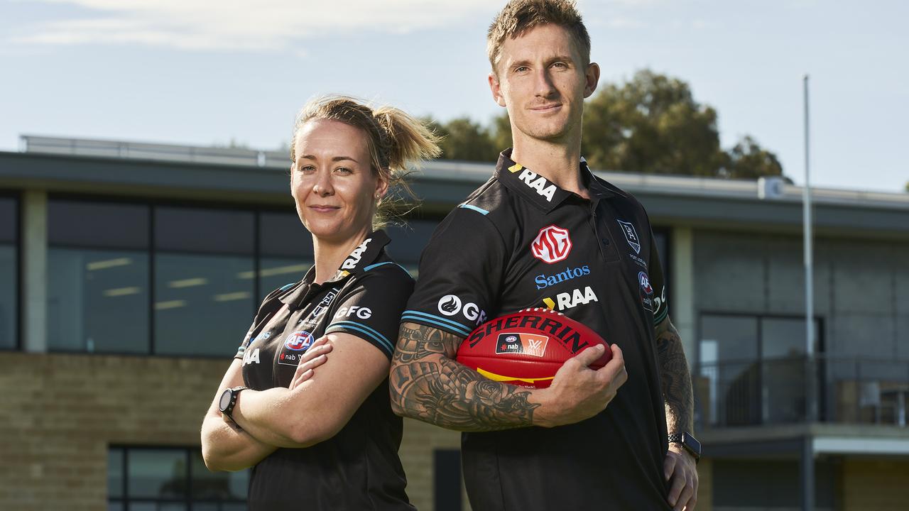 Port Adelaide’s AFLW head coach, Lauren Arnell, with newly appointed assistant coach, Hamish Hartlett at Alberton. Picture: MATT LOXTON