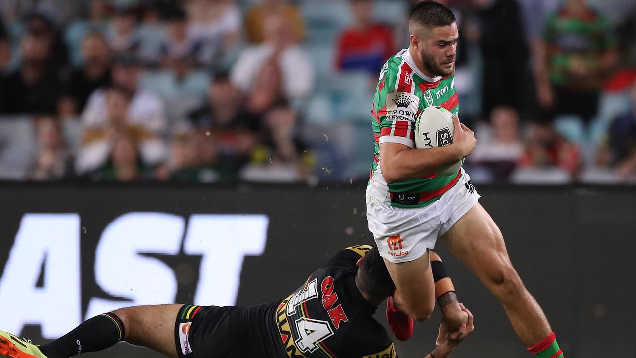 SYDNEY, AUSTRALIA - OCTOBER 17: Corey Allan of the Rabbitohs is tackled by Tyrone May of the Panthers during the NRL Preliminary Final match between the Penrith Panthers and the South Sydney Rabbitohs at ANZ Stadium on October 17, 2020 in Sydney, Australia. (Photo by Mark Kolbe/Getty Images)