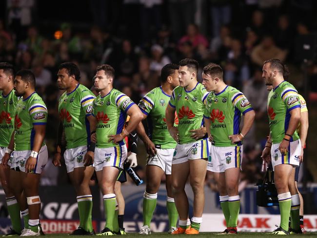 Raiders players looks on during the Round 21 NRL match between the Penrith Panthers and the Canberra Raiders at Panthers Stadium in Sydney, Sunday, August 5, 2018. (AAP Image/Brendon Thorne) NO ARCHIVING, EDITORIAL USE ONLY