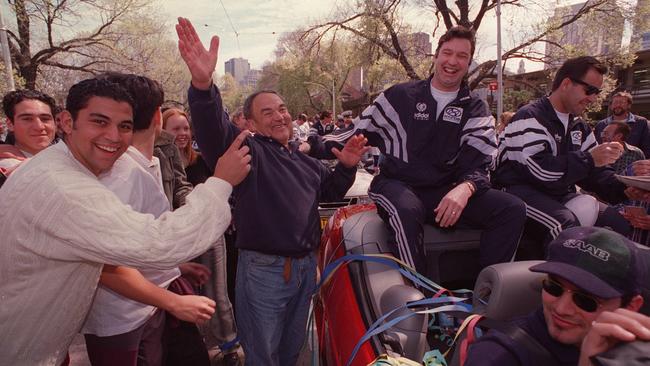 Carlton AFL player Justin "Harry" Madden surrounded by fans during the 1995 parade. Picture: HWT Library. Picture: HWT Library.