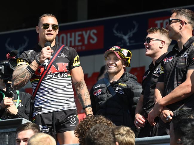 SYDNEY - OCTOBER 3, 2022. Penrith Panthers player James Fisher-Harris  still wearing his playing strip  at the fan meet at BlueBet Stadium after winning the 2022 NRL Premiership against Parramatta.   Picture: Jeremy Piper