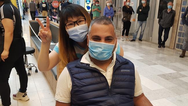 AFTER: Heidelberg West's Damian D'Sousa with Express Cutting Zone's Alice Yeak after his much-needed haircut at Eastland. Picture: Kiel Egging.