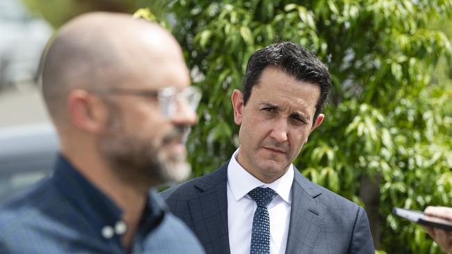 Queensland Premier David Crisafulli listens to Treasurer David Janetzki during a press conference in Toowoomba, Friday, January 24, 2025. Picture: Kevin Farmer