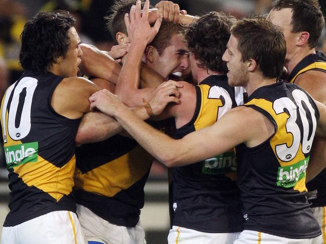 St Kilda v Richmond. MCG. Daniel Jackson celebrates after putting the Tigers 1 point in front with a minute to go