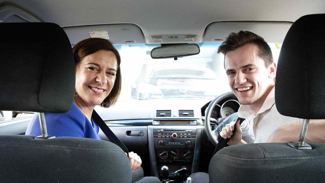 Queensland LNP opposition leader Deb Frecklington in the car with Liam Head 19. His family will receive $300 for each car as part of the LNP’s rego rebate pledge. Picture: NCA NewsWire / Sarah Marshall