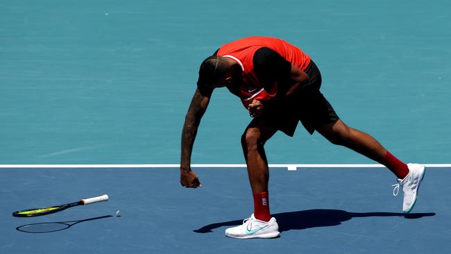 Nick Kyrgios throws his racquet while playing Jannik Sinner during the Miami Open at Hard Rock Stadium. Photo: Getty Images