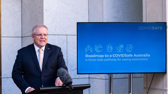 Scott Morrison outlines the roadmap out of lockdown. Picture: Getty Images.