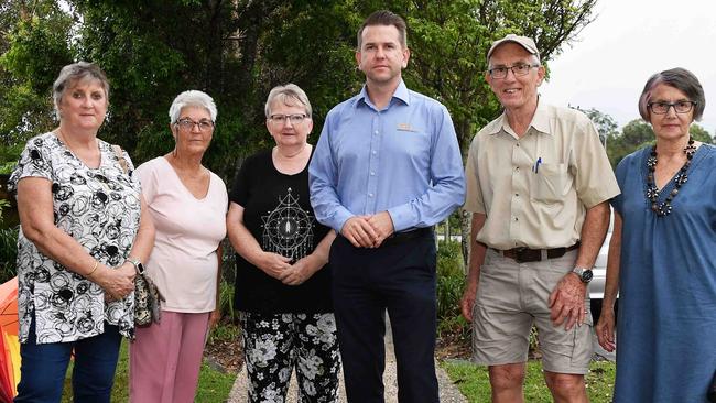 Jane Tozer, Glenyss Muir, Lenore Butler and Max and Judy Boland, pictured with Kawana MP Jarrod Bleijie, are some of the frustrated residents at Meridan Plains. Picture: Patrick Woods.