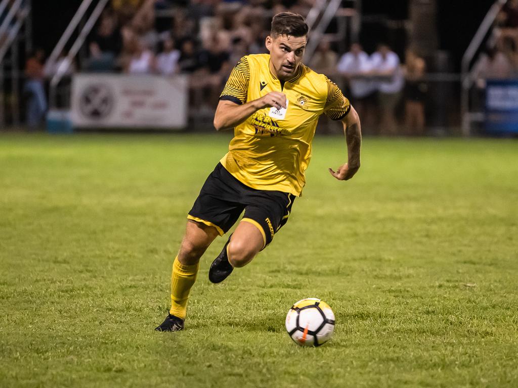 Edge Hill United's Ryan Murray makes a powerful play in Saturday nights FNQ Premier League grand finals at Endeavour Park. Picture: Emily Barker