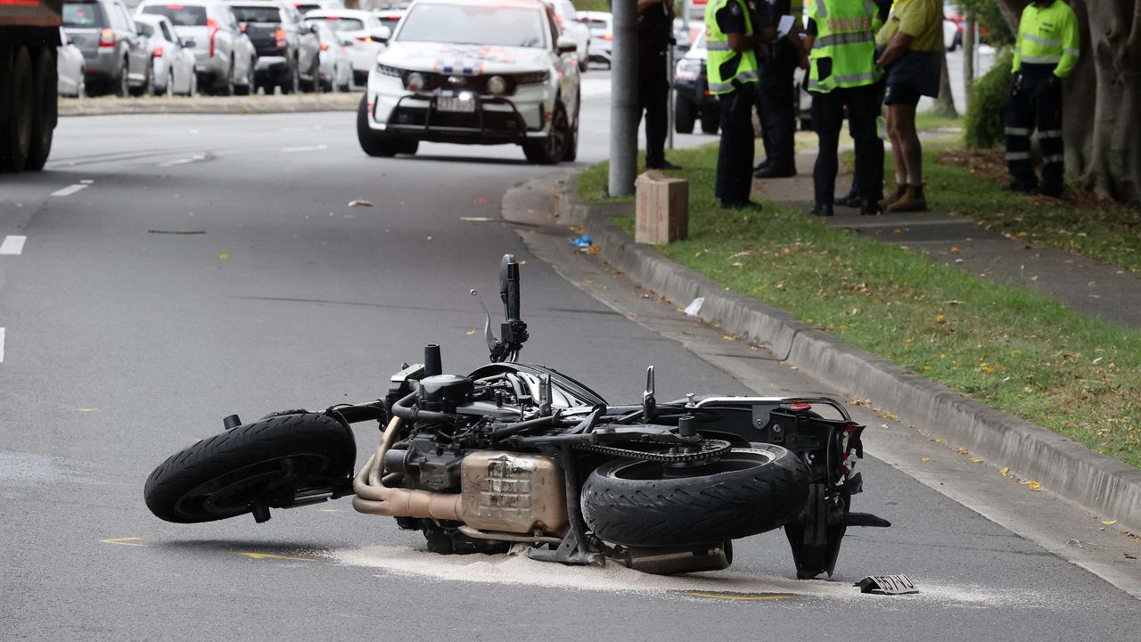 The aftermath of a non-fatal crash involving a truck and a motorcycle on Enoggera Rd, Alderley. File picture: Liam Kidston