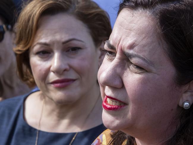 Qld Premier Annastacia Palaszczuk (right) and Qld Deputy Premier Jackie Trad are seen speaking to media at the Greek Paniyiri Festival in Brisbane, Sunday, May 19, 2019. (AAP Image/Glenn Hunt) NO ARCHIVING